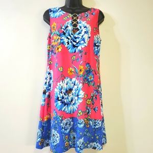 MSK Shift Dress floral pink and blue print, sleeveless midlength Size S